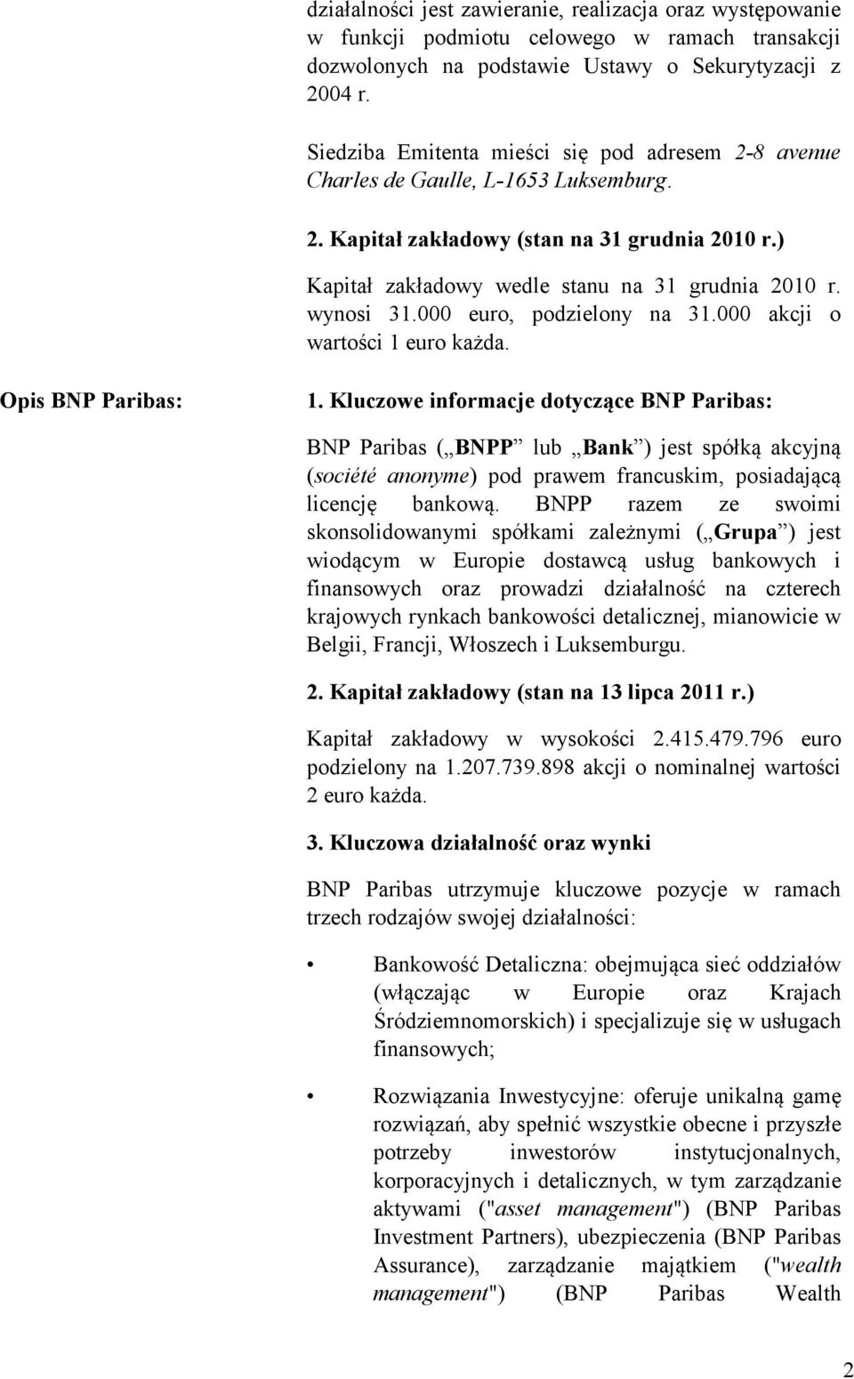 wynosi 31.000 euro, podzielony na 31.000 akcji o wartości 1 euro każda. Opis BNP Paribas: 1.