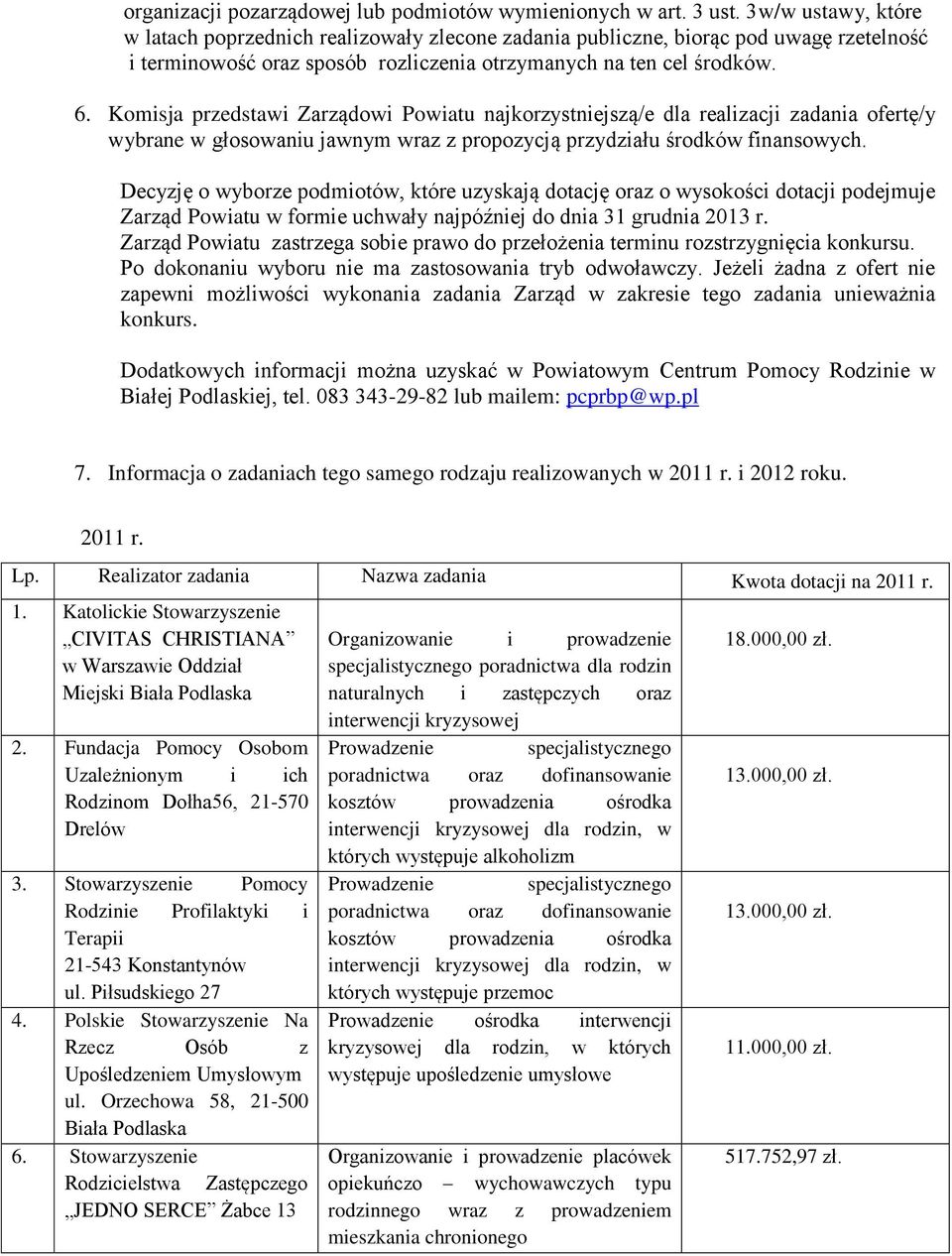 Komisja przedstawi Zarządowi Powiatu najkorzystniejszą/e dla realizacji zadania ofertę/y wybrane w głosowaniu jawnym wraz z propozycją przydziału środków finansowych.