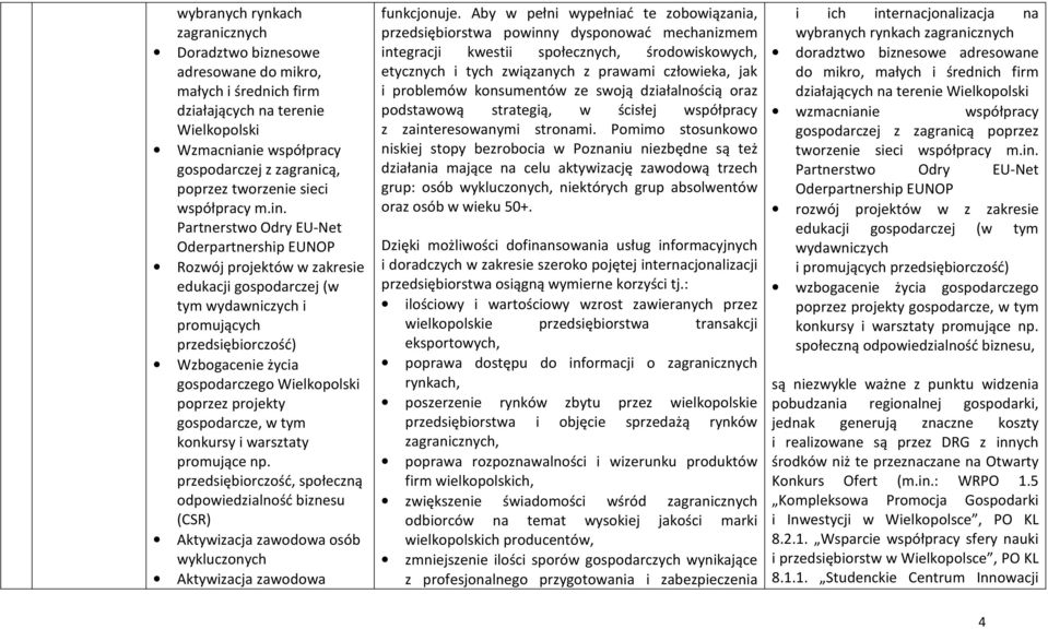 Partnerstwo Odry EU-Net Oderpartnership EUNOP Rozwój projektów w zakresie edukacji gospodarczej (w tym wydawniczych i promujących przedsiębiorczość) Wzbogacenie życia gospodarczego Wielkopolski