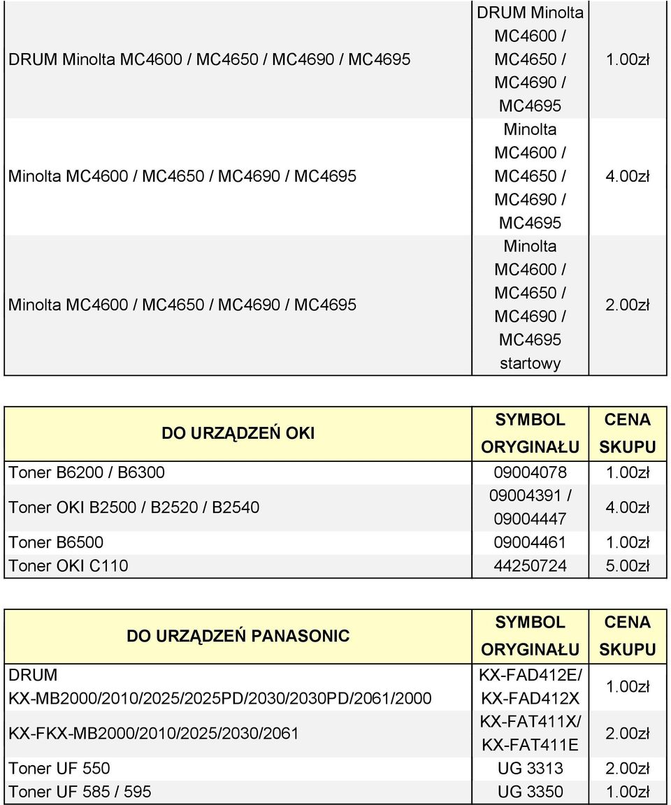 00zł Toner OKI B2500 / B2520 / B2540 09004391 / 09004447 4.00zł Toner B6500 09004461 1.00zł Toner OKI C110 44250724 5.