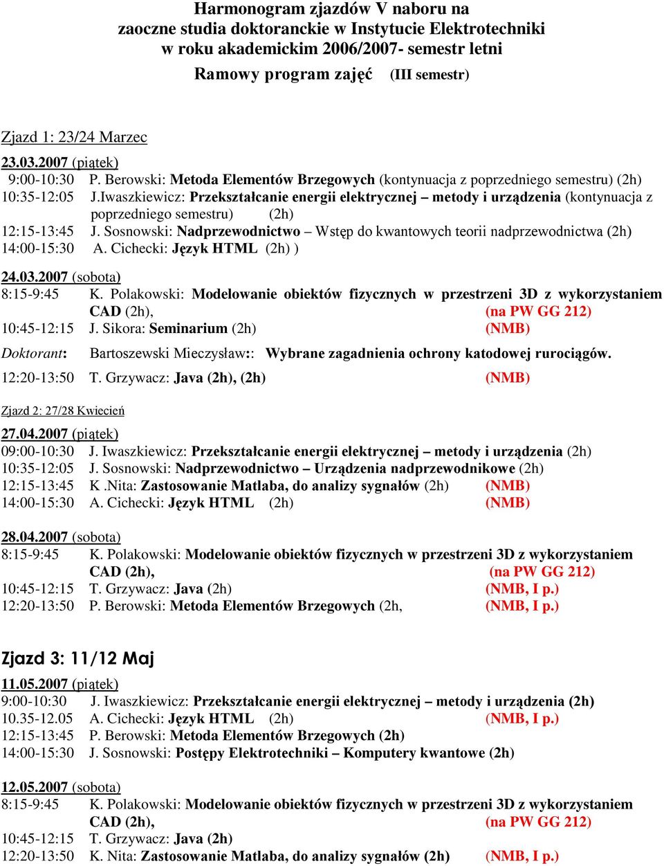 Iwaszkiewicz: Przekształcanie energii elektrycznej metody i urządzenia (kontynuacja z poprzedniego semestru) (2h) 12:15-13:45 J.