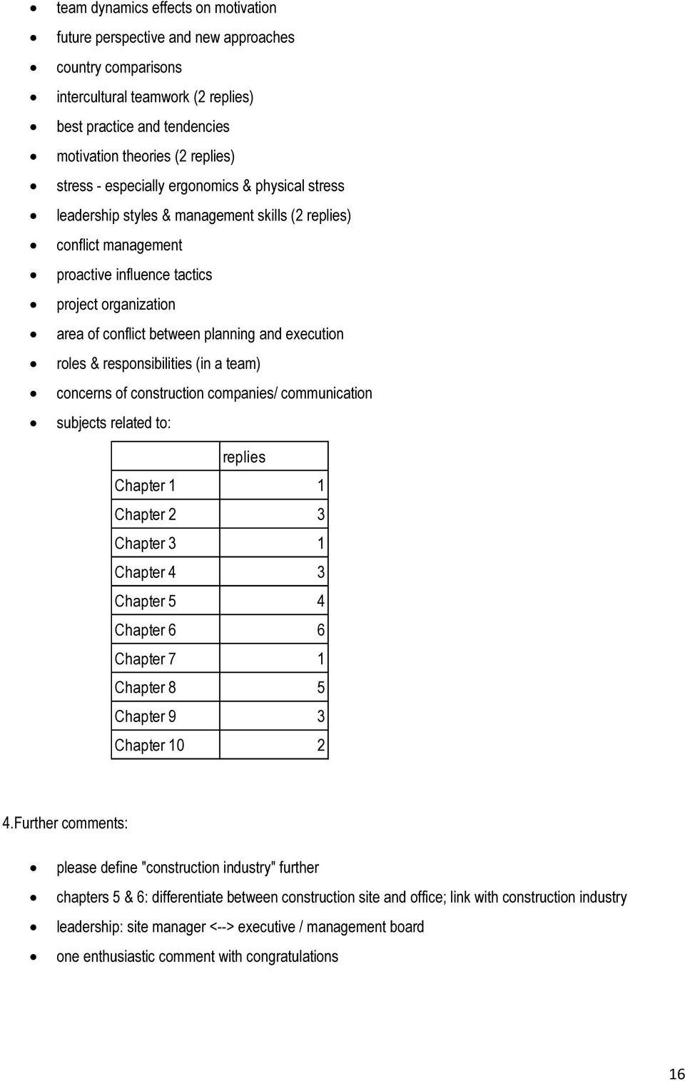 execution roles & responsibilities (in a team) concerns of construction companies/ communication subjects related to: replies Chapter 1 1 Chapter 2 3 Chapter 3 1 Chapter 4 3 Chapter 5 4 Chapter 6 6