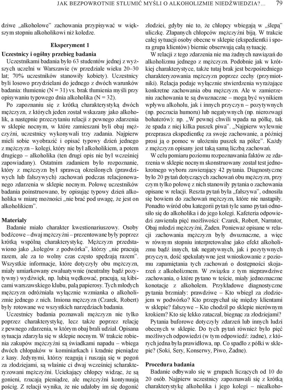 Uczestnicy byli losowo przydzielani do jednego z dwóch warunków badania: tłumienie (N = 31) vs. brak tłumienia myśli przy opisywaniu typowego dnia alkoholika (N = 32).