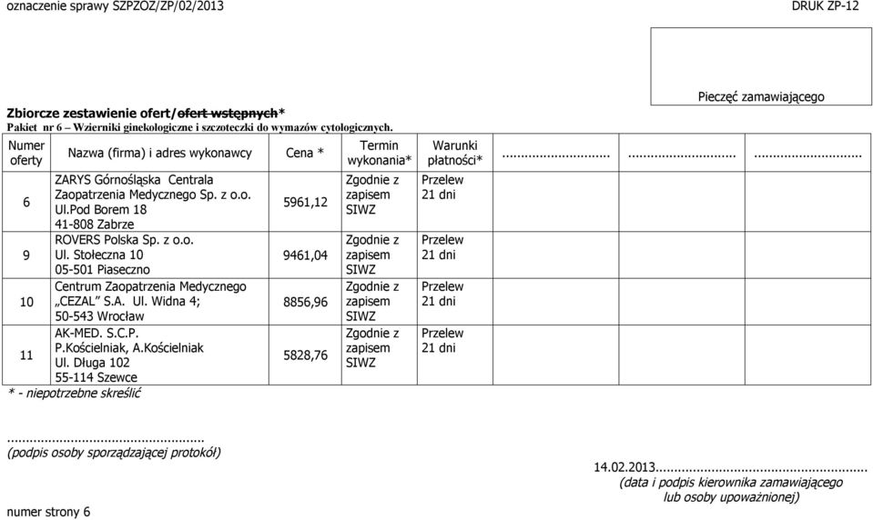 z o.o. 9 Ul. Stołeczna 10 05-501 Piaseczno Centrum Zaopatrzenia Medycznego 10 CEZAL S.A. Ul. Widna 4; 50-543 Wrocław AK-MED.