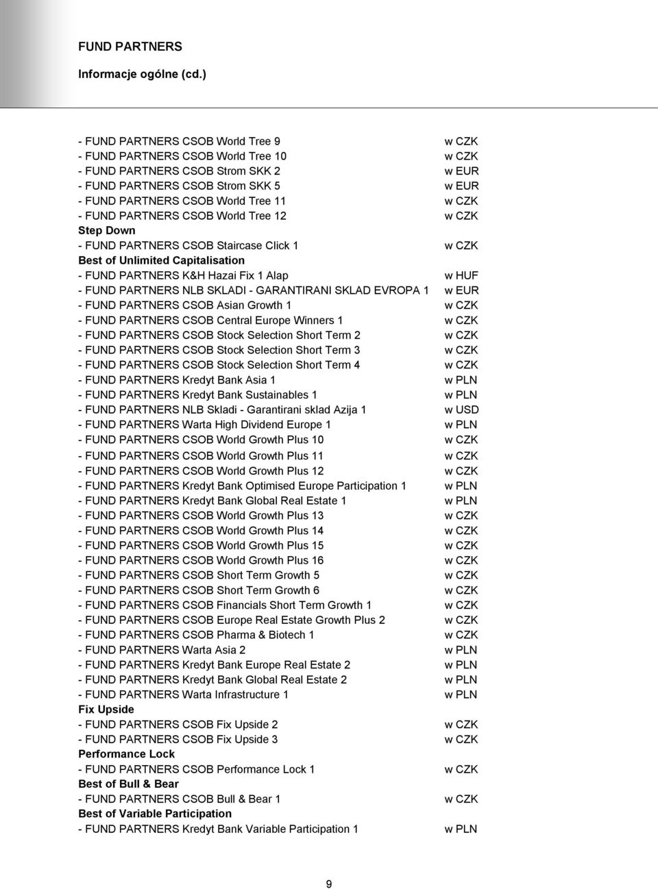 CZK - FUND PARTNERS CSOB World Tree 12 w CZK Step Down - FUND PARTNERS CSOB Staircase Click 1 w CZK Best of Unlimited Capitalisation - FUND PARTNERS K&H Hazai Fix 1 Alap w HUF - FUND PARTNERS NLB