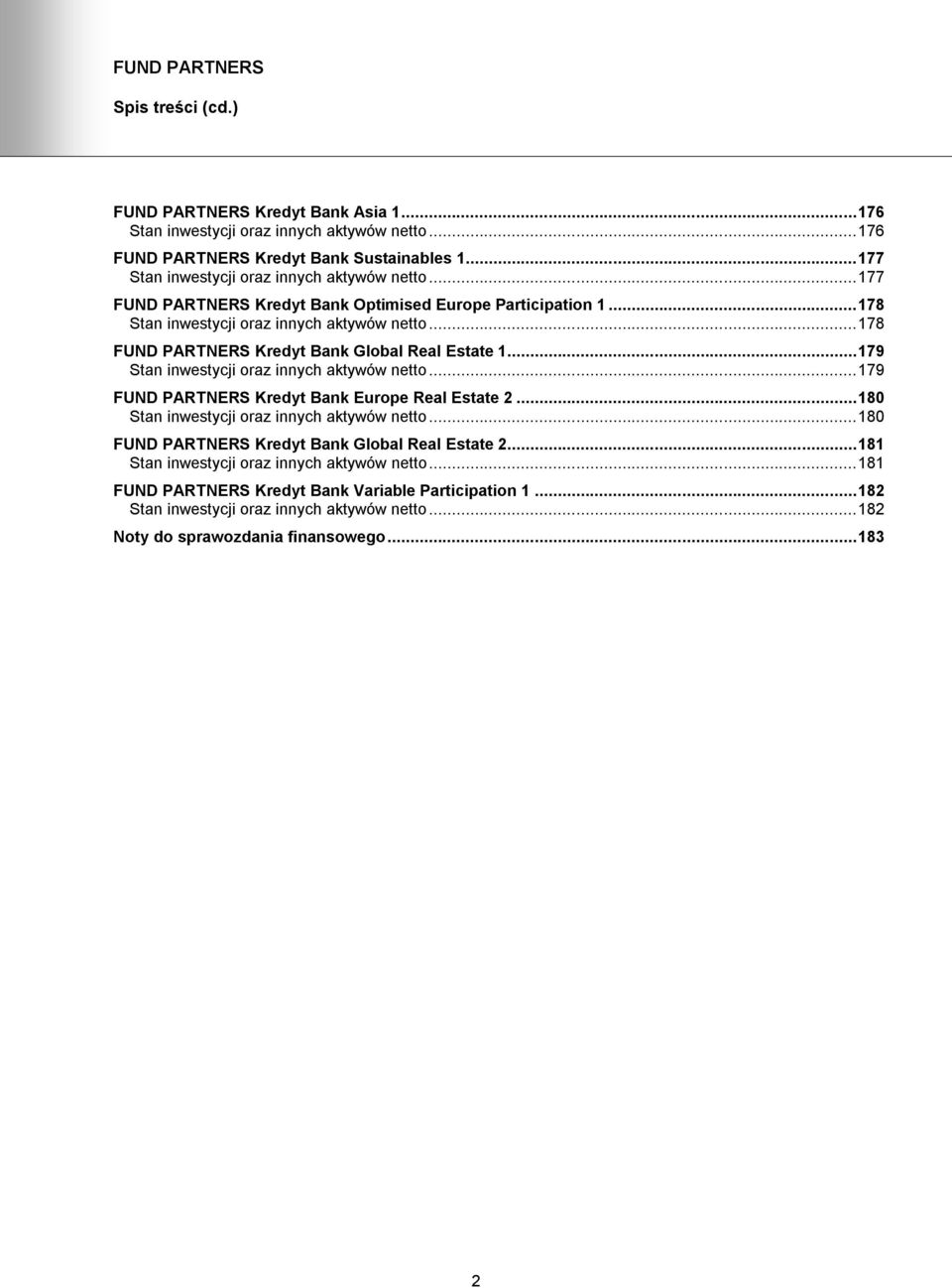 ..178 FUND PARTNERS Kredyt Bank Global Real Estate 1...179 Stan inwestycji oraz innych aktywów netto...179 FUND PARTNERS Kredyt Bank Europe Real Estate 2.