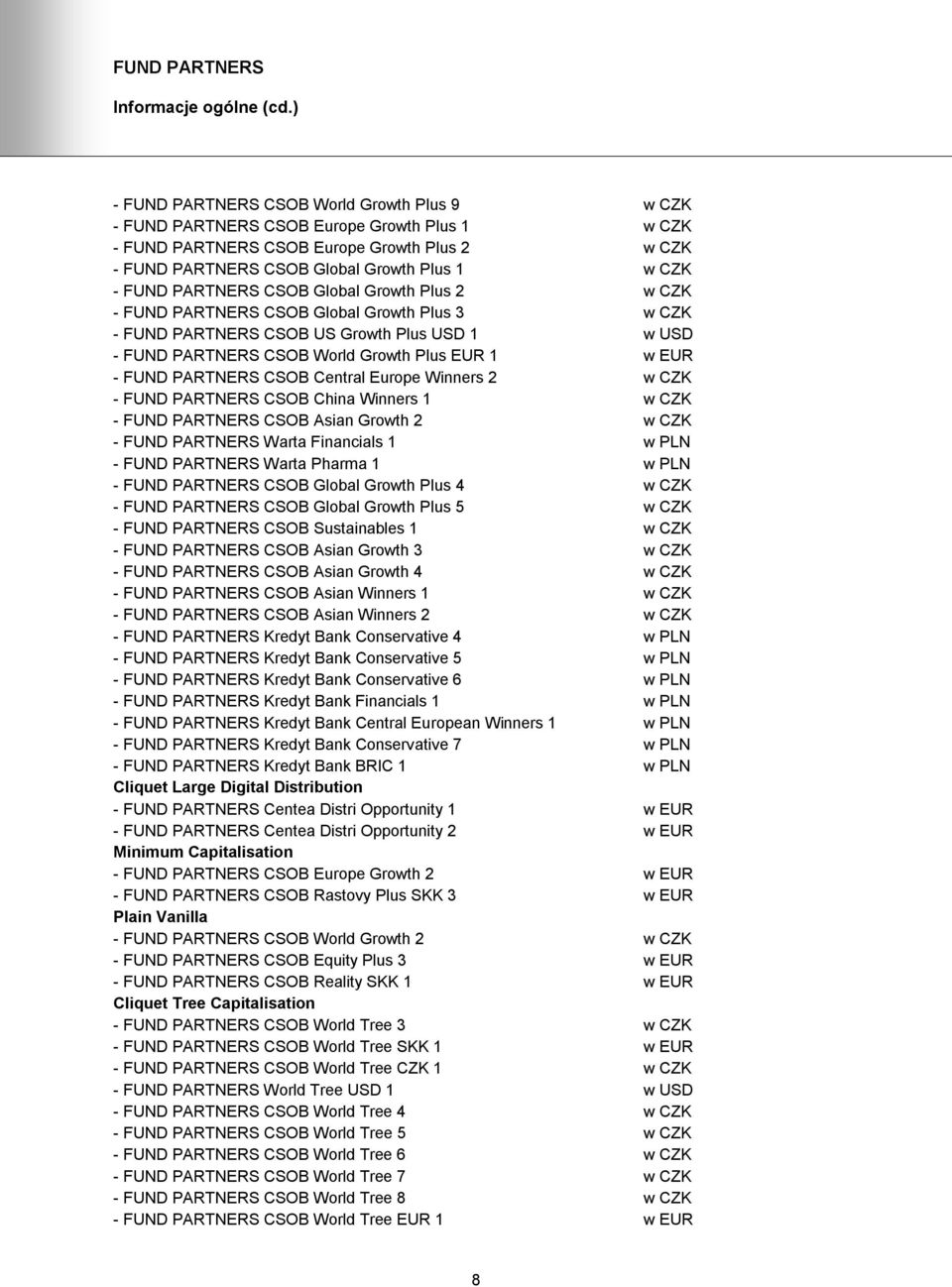 PARTNERS CSOB Global Growth Plus 2 w CZK - FUND PARTNERS CSOB Global Growth Plus 3 w CZK - FUND PARTNERS CSOB US Growth Plus USD 1 w USD - FUND PARTNERS CSOB World Growth Plus EUR 1 w EUR - FUND