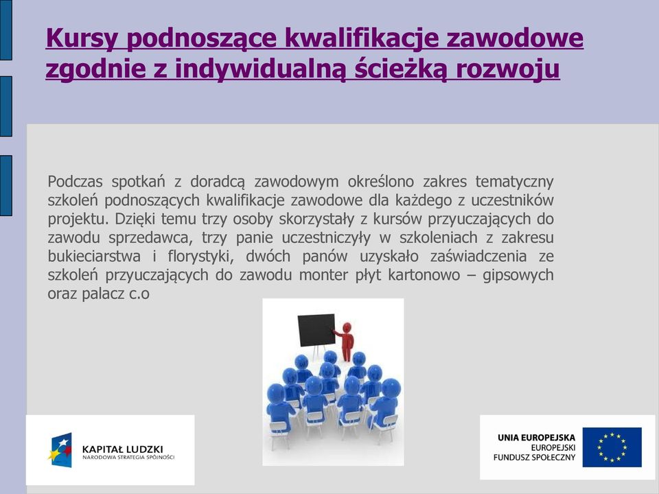 Dzięki temu trzy osoby skorzystały z kursów przyuczających do zawodu sprzedawca, trzy panie uczestniczyły w szkoleniach z