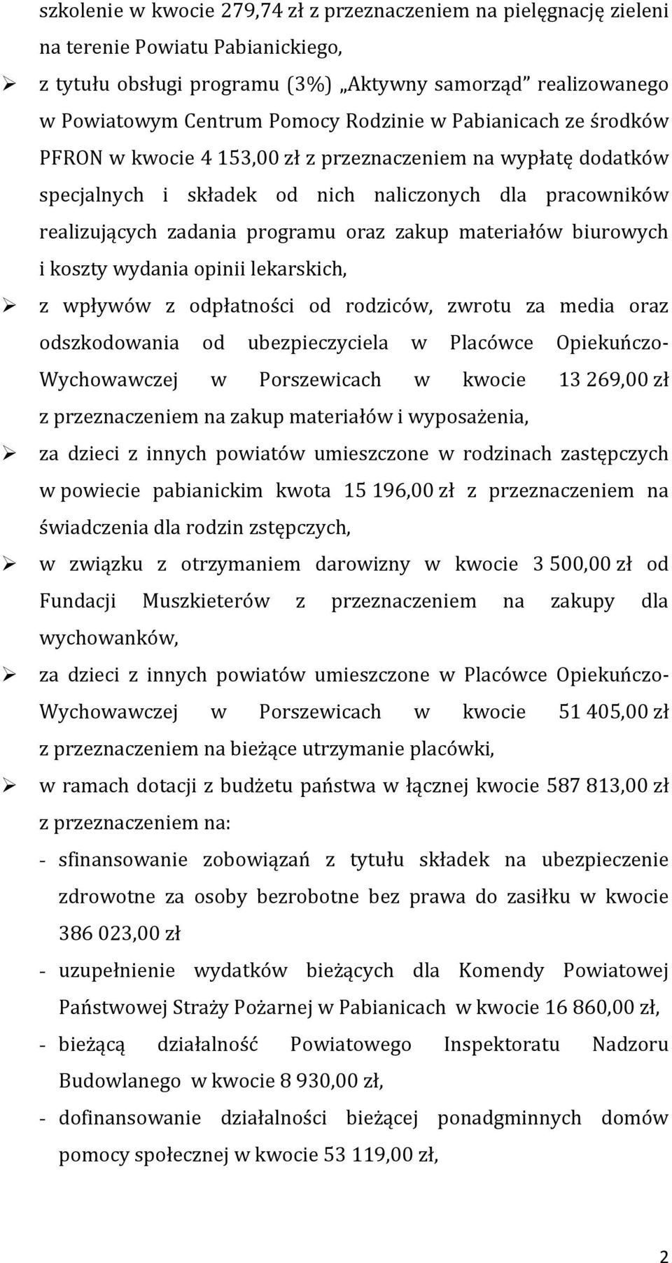 materiałów biurowych i koszty wydania opinii lekarskich, z wpływów z odpłatności od rodziców, zwrotu za media oraz odszkodowania od ubezpieczyciela w Placówce Opiekuńczo- Wychowawczej w Porszewicach