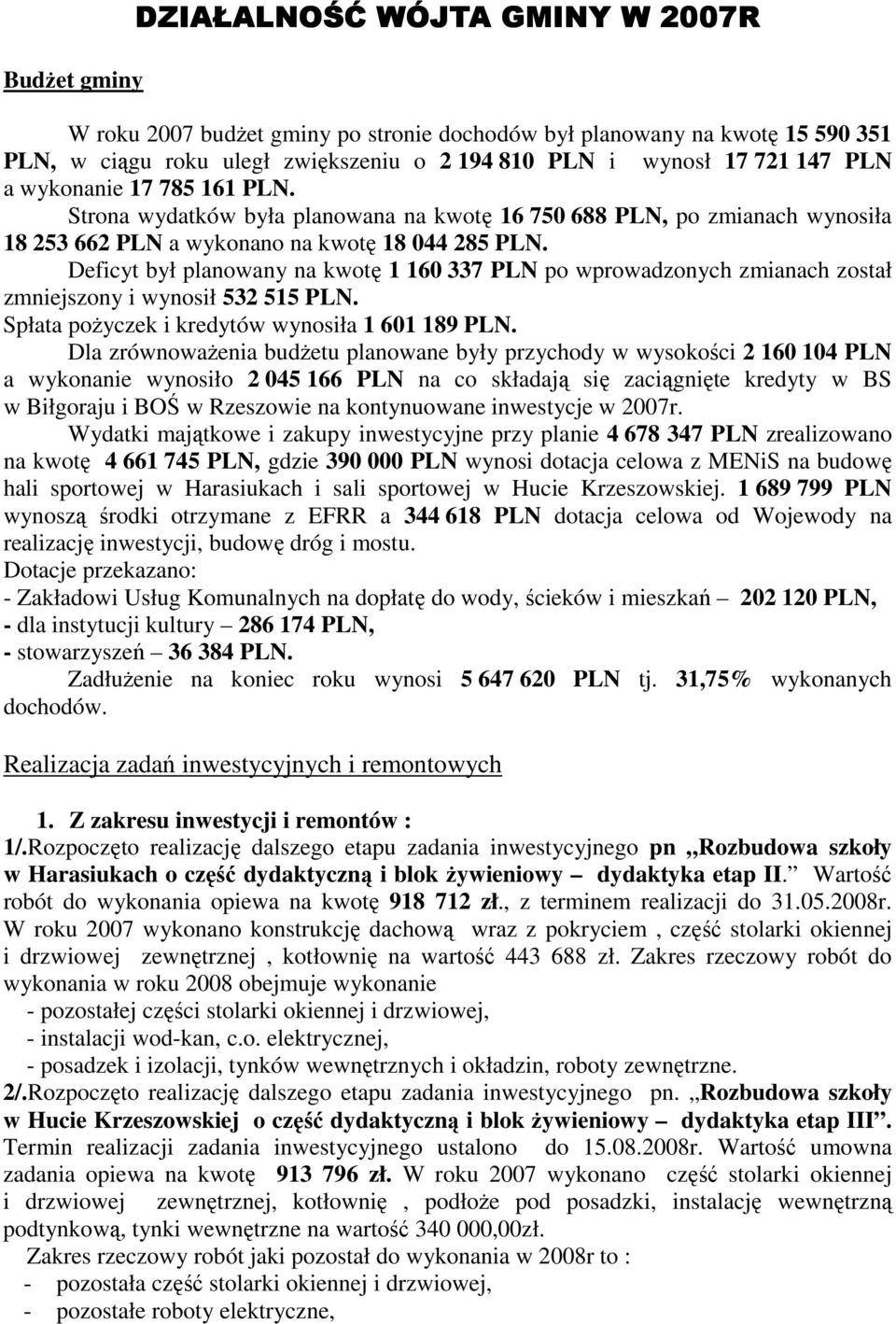 Deficyt był planowany na kwotę 1 160 337 PLN po wprowadzonych zmianach został zmniejszony i wynosił 532 515 PLN. Spłata poŝyczek i kredytów wynosiła 1 601 189 PLN.