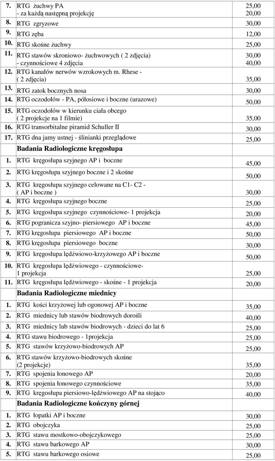 RTG oczodołów w kierunku ciała obcego ( 2 projekcje na 1 filmie) 35,00 16. RTG transorbitalne piramid Schuller II 17.