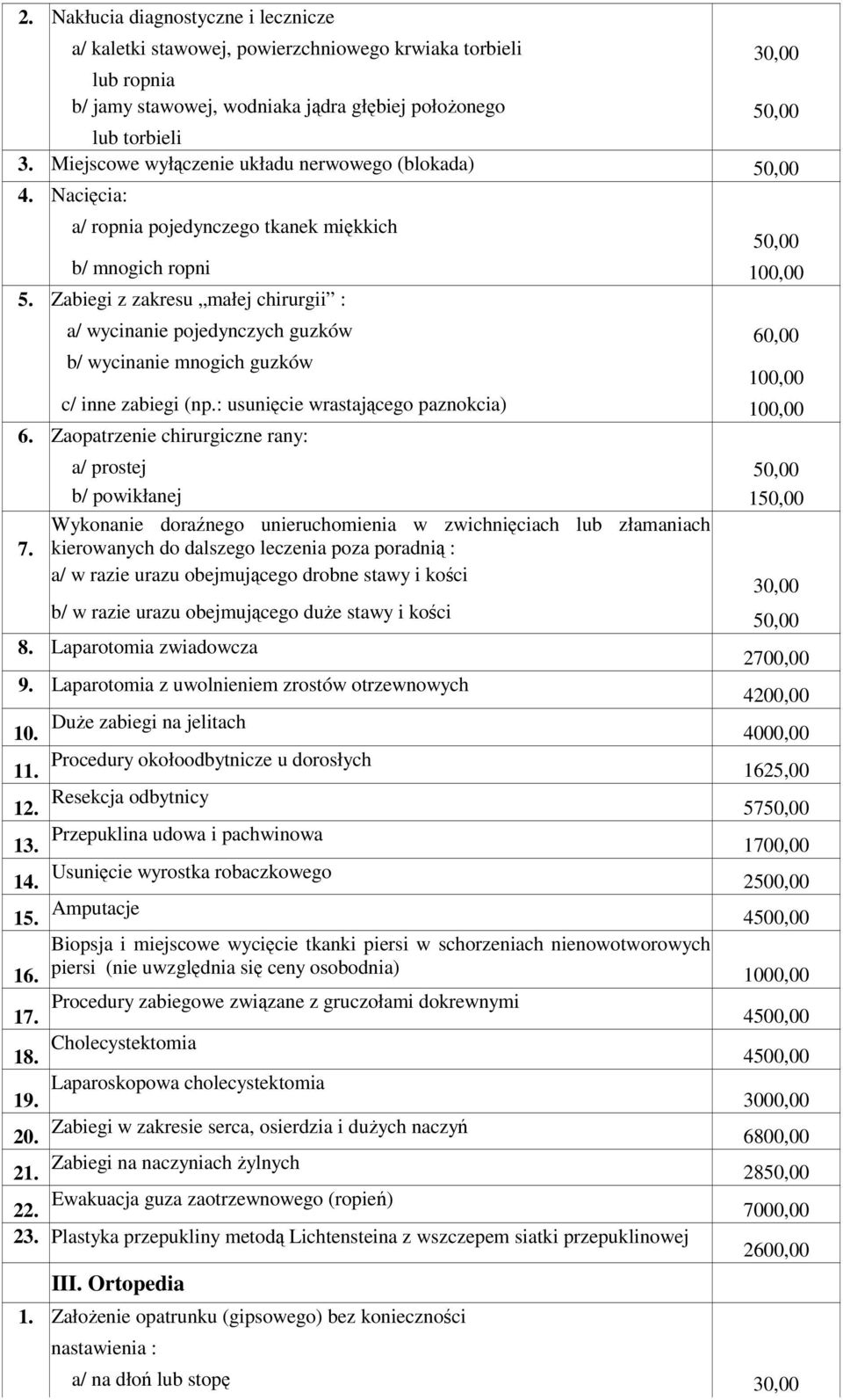 Zabiegi z zakresu małej chirurgii : a/ wycinanie pojedynczych guzków 60,00 b/ wycinanie mnogich guzków 100,00 c/ inne zabiegi (np.: usunięcie wrastającego paznokcia) 100,00 6.