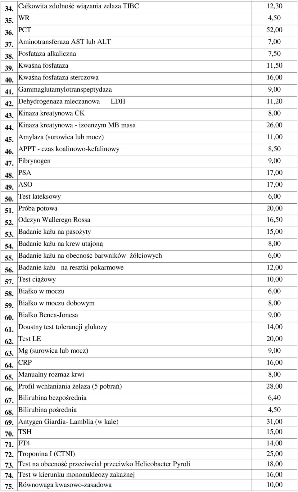 Amylaza (surowica lub mocz) 11,00 46. APPT - czas koalinowo-kefalinowy 8,50 47. Fibrynogen 9,00 48. PSA 17,00 49. ASO 17,00 50. Test lateksowy 6,00 51. Próba potowa 52.