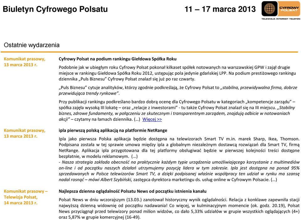 Spółka Roku 2012, ustępując pola jedynie gdańskiej LPP. Na podium prestiżowego rankingu dziennika Puls Biznesu Cyfrowy Polsat znalazł się już po raz czwarty.