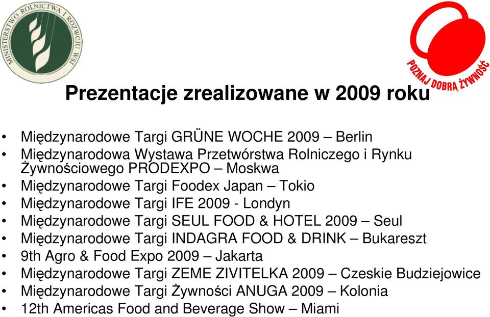 Targi SEUL FOOD & HOTEL 2009 Seul Międzynarodowe Targi INDAGRA FOOD & DRINK Bukareszt 9th Agro & Food Expo 2009 Jakarta