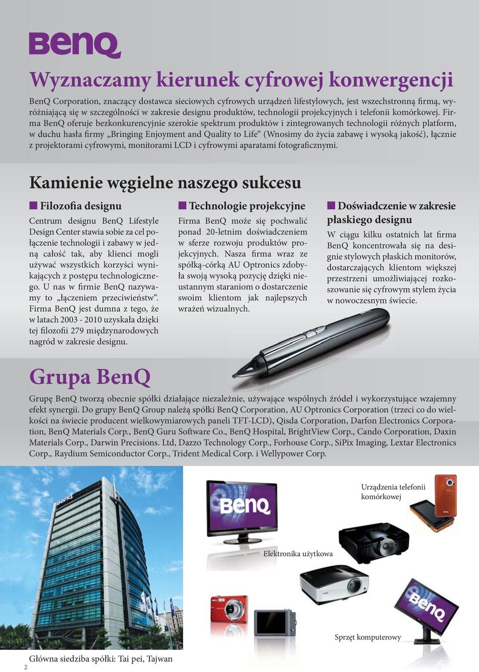 Firma BenQ oferuje bezkonkurencyjnie szerokie spektrum produktów i zintegrowanych technologii różnych platform, w duchu hasła firmy Bringing Enjoyment and Quality to Life (Wnosimy do życia zabawę i