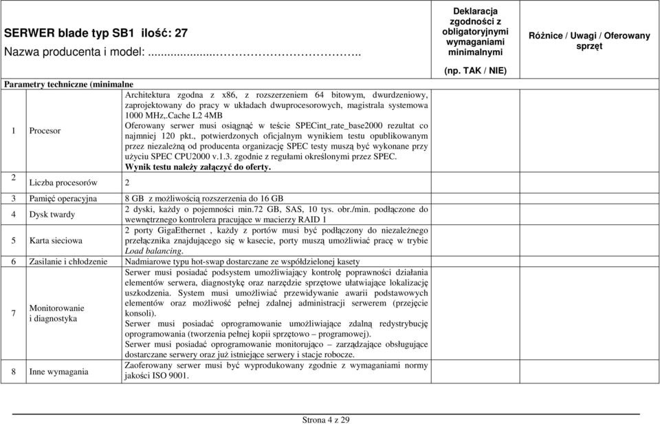 Cache L2 4MB 1 Procesor Oferowany serwer musi osiągnąć w teście SPECint_rate_base2000 rezultat co najmniej 120 pkt.