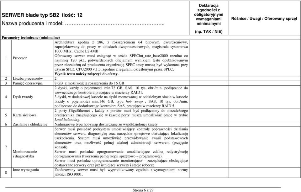 Cache L2 4MB 1 Procesor Oferowany serwer musi osiągnąć w teście SPECint_rate_base2000 rezultat co najmniej 120 pkt.