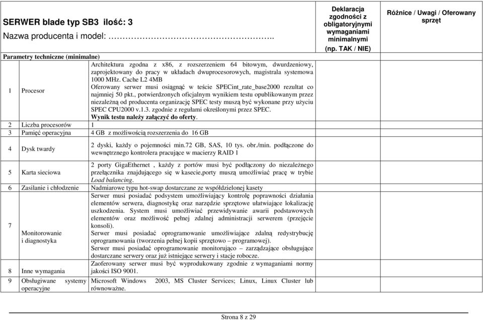 Cache L2 4MB 1 Procesor Oferowany serwer musi osiągnąć w teście SPECint_rate_base2000 rezultat co najmniej 50 pkt.