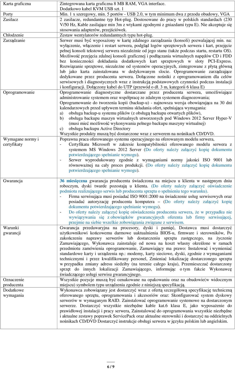 Dostosowane do pracy w polskich standardach (230 V/50 Hz, Kable zasilające min 3m z wtykami zgodnymi z gniazdami typu E). Nie akceptuje się stosowania adapterów, przejściówek.