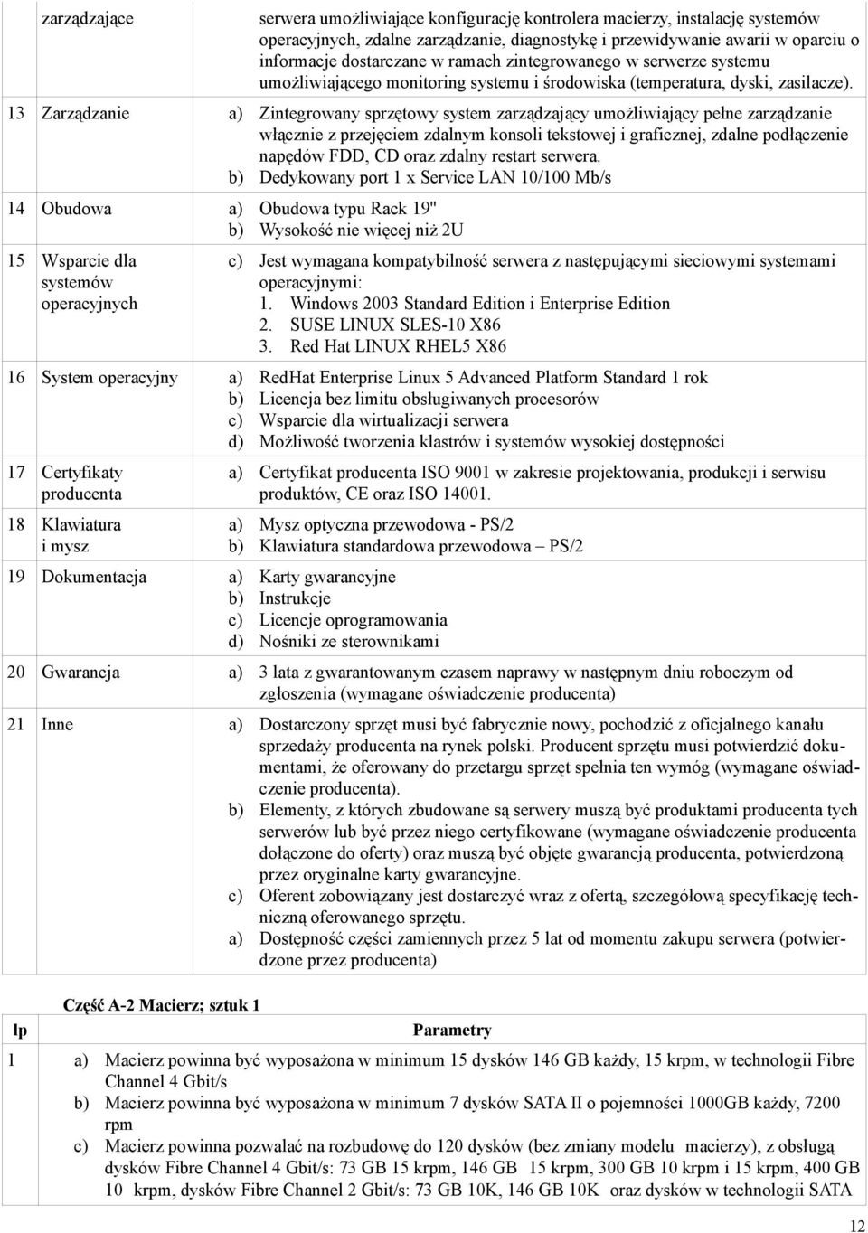 13 Zarządzanie a) Zintegrowany sprzętowy system zarządzający umożliwiający pełne zarządzanie włącznie z przejęciem zdalnym konsoli tekstowej i graficznej, zdalne podłączenie napędów FDD, CD oraz