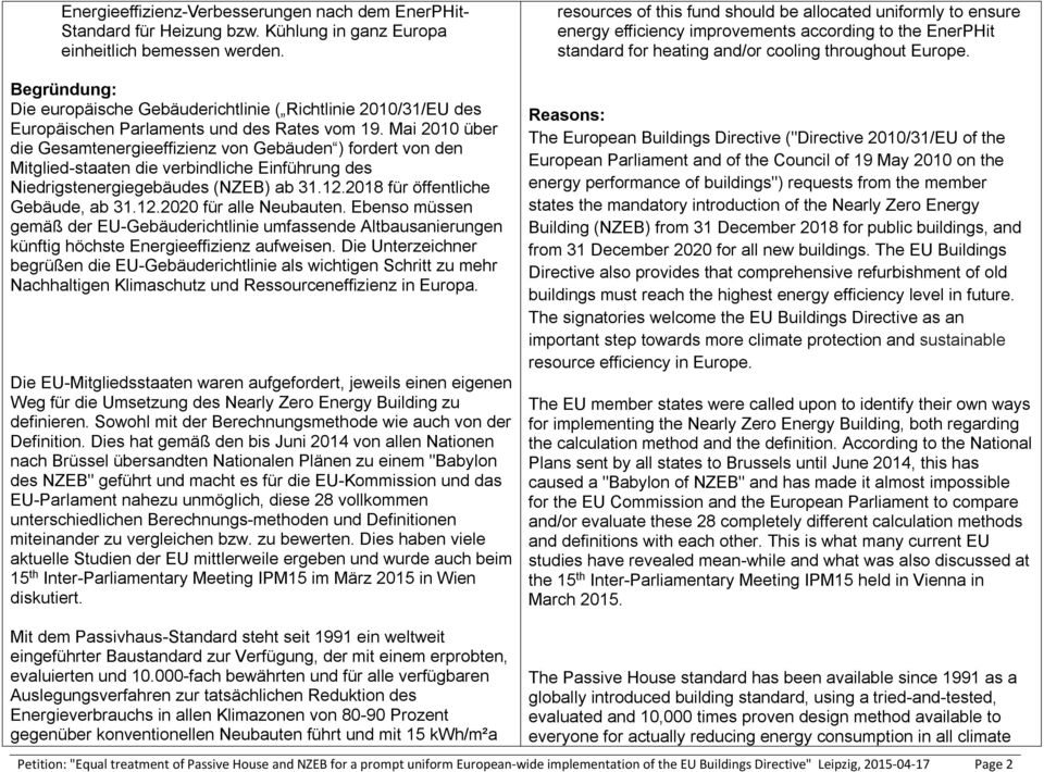 Mai 2010 über die Gesamtenergieeffizienz von Gebäuden ) fordert von den Mitglied-staaten die verbindliche Einführung des Niedrigstenergiegebäudes (NZEB) ab 31.12.2018 für öffentliche Gebäude, ab 31.