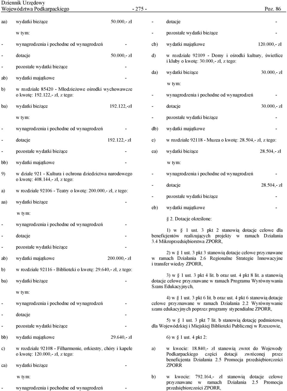 122,- zł - pozostałe wydatki bieżące - bb) wydatki majątkowe - 9) w dziale 921 - Kultura i ochrona dziedzictwa narodowego o kwotę: 408.144,- zł, z tego: a) w rozdziale 92106 - Teatry o kwotę: 200.