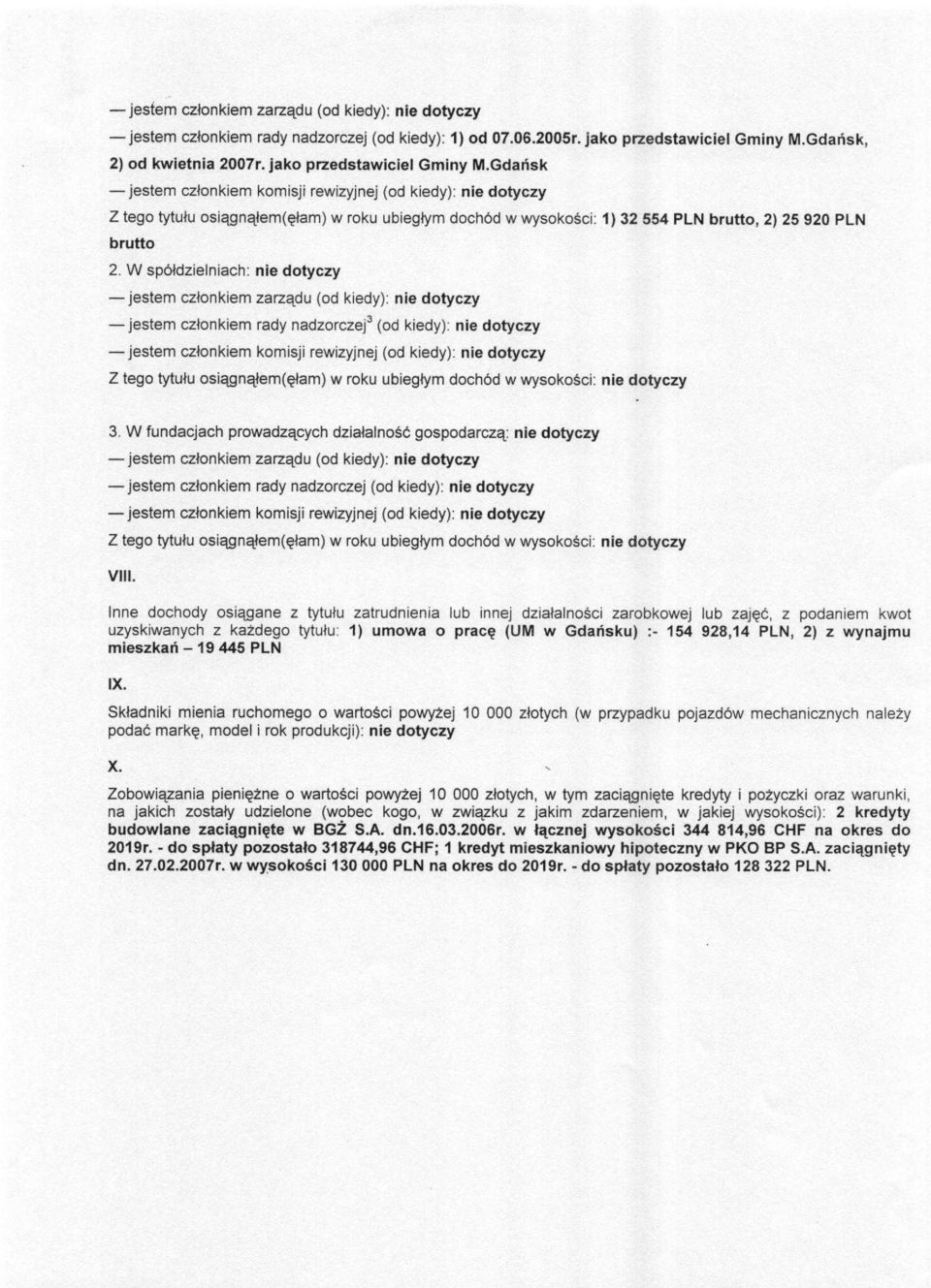 Gdarisk -jestem czfonkiem komisji rewizyjnej (od kiedy): nie dotyczy Z tego tytulu osiagnafem(gfam) w roku ubieglym doch6d w wysokosci: ) 32 554 PLN brutto, 2) 25 920 PLN brutto 2.