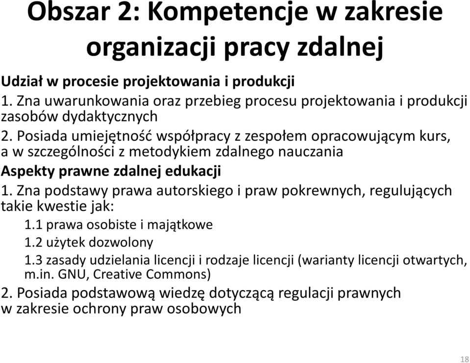 Posiada umiejętność współpracy z zespołem opracowującym kurs, a w szczególności z metodykiem zdalnego nauczania Aspekty prawne zdalnej edukacji 1.