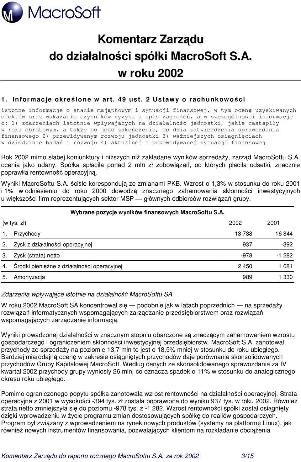 informacje o: 1) zdarzeniach istotnie wpływających na działalność jednostki, jakie nastąpiły w roku obrotowym, a takŝe po jego zakończeniu, do dnia zatwierdzenia sprawozdania finansowego 2)