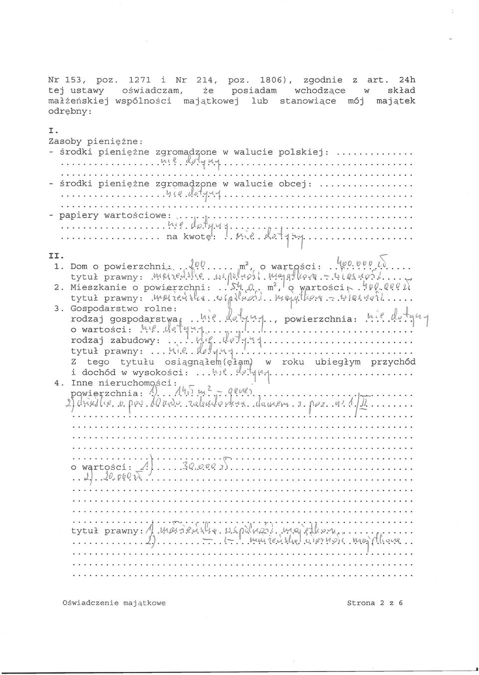 , I r- 1. Dom o powierzchnią,..2 t?q m 2,. o wartości:..^p:? tytuł prawny: A 4..liKflA^fiil..T Ml. /.... 2. Mieszkanie o powierzchni:.. Sh. c0.. m 2,' o wartością. f 6?.U tytuł prawny:.^wk^lłł.