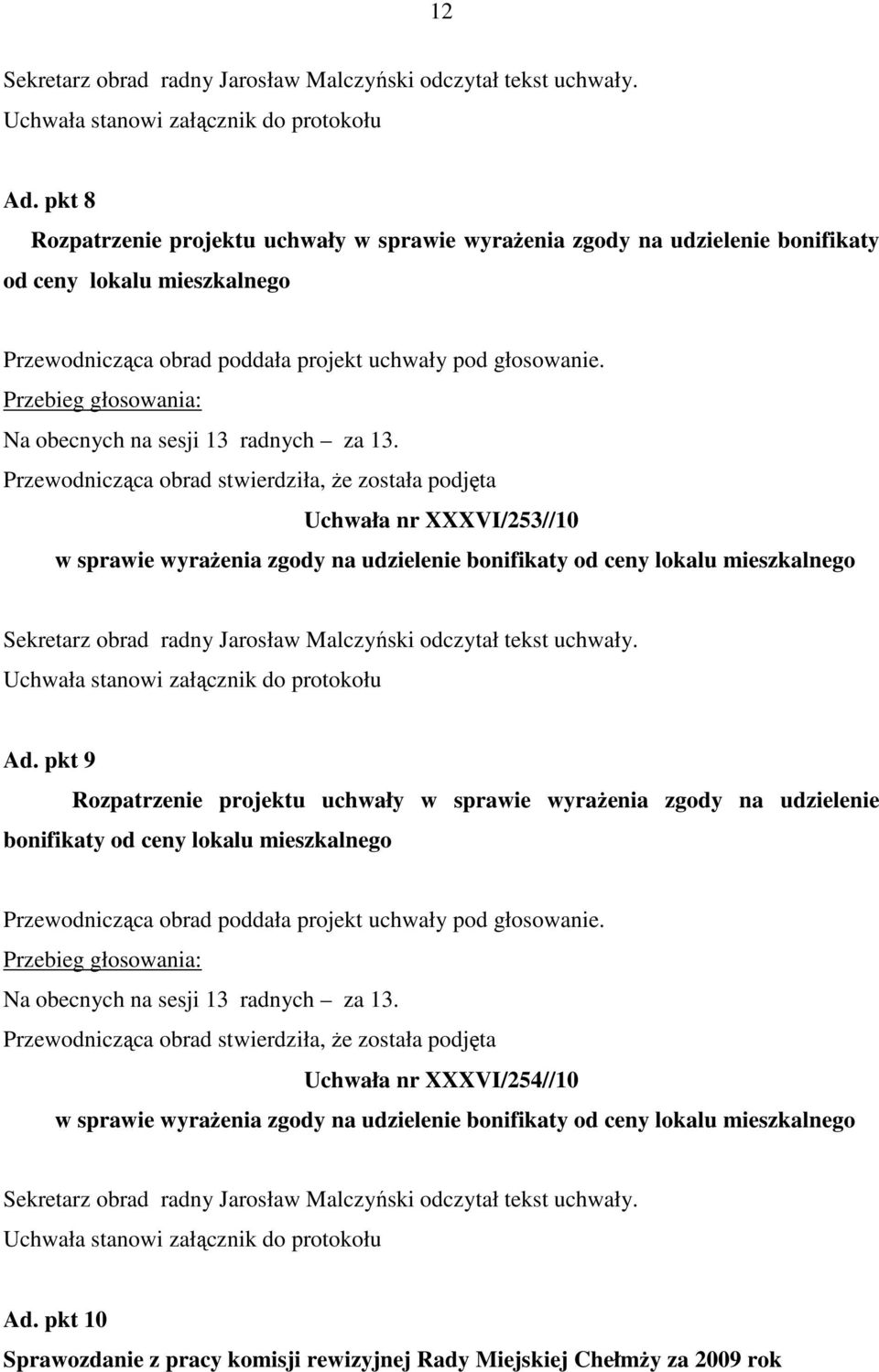 Przebieg głosowania: Na obecnych na sesji 13 radnych za 13.