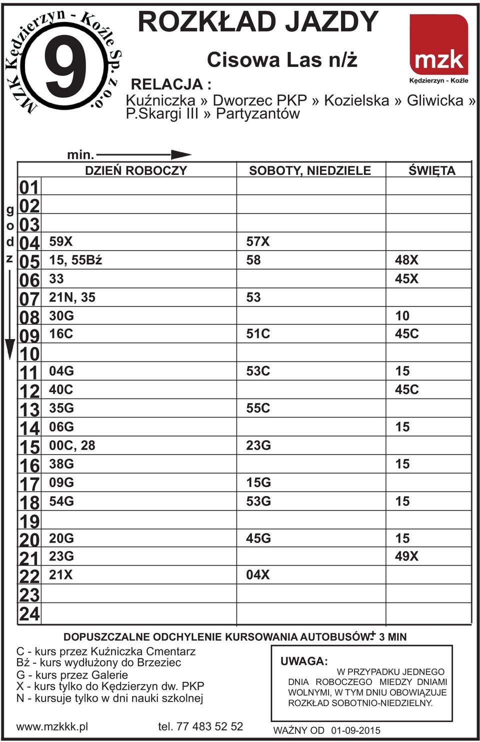 57X 58 53 51C 53C 55C G G 53G 45G X C - kurs pre KuŸnicka Cmentar BŸ - kurs wy³u ny