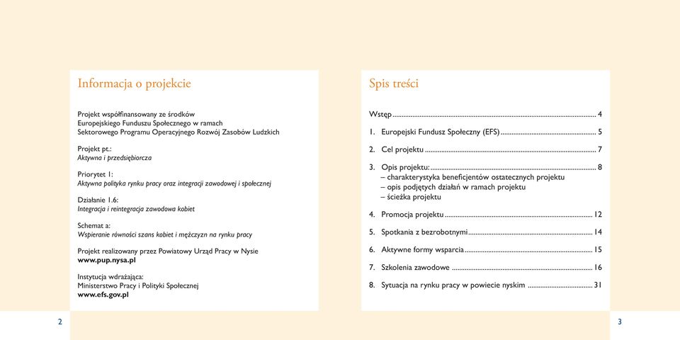 6: Integracja i reintegracja zawodowa kobiet Schemat a: Wspieranie równości szans kobiet i mężczyzn na rynku pracy Projekt realizowany przez Powiatowy Urząd Pracy w Nysie www.pup.nysa.