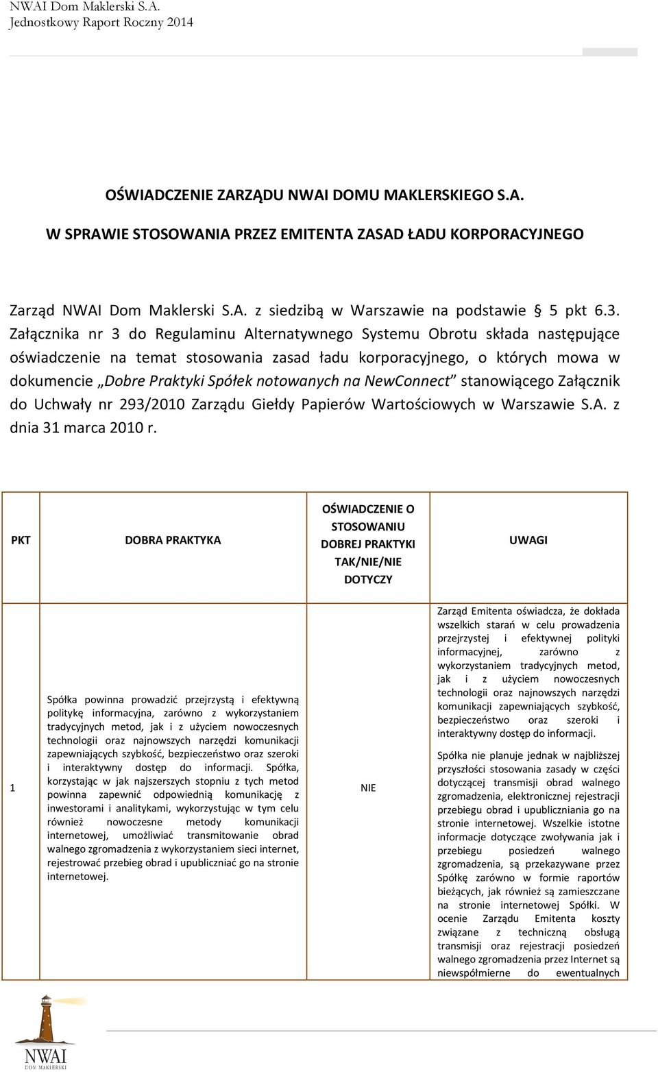na NewConnect stanowiącego Załącznik do Uchwały nr 293/2010 Zarządu Giełdy Papierów Wartościowych w Warszawie S.A. z dnia 31 marca 2010 r.