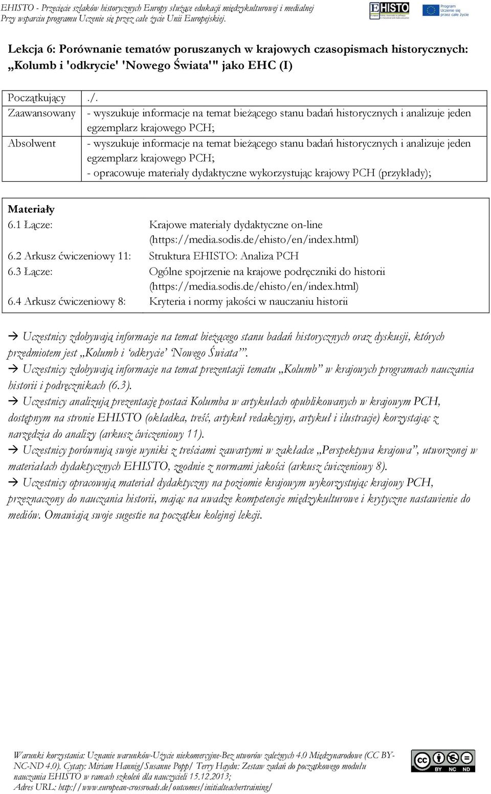 historycznych i analizuje jeden egzemplarz krajowego PCH; - opracowuje materiały dydaktyczne wykorzystując krajowy PCH (przykłady); Materiały 6.