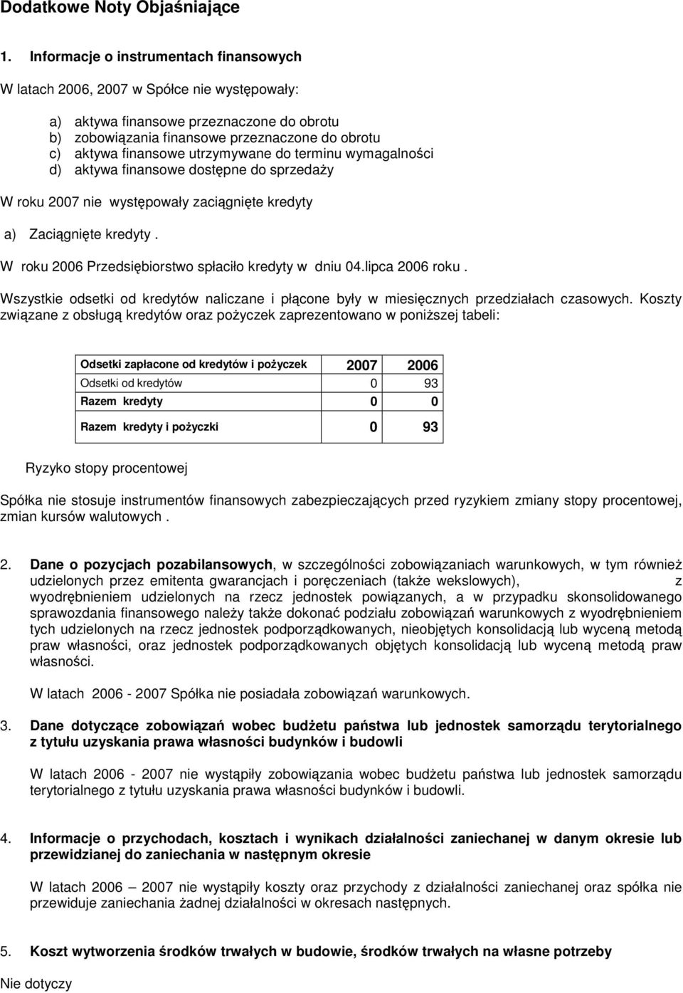 utrzymywane do terminu wymagalnoci d) aktywa finansowe dostpne do sprzeday W roku 2007 nie wystpowały zacignite kredyty a) Zacignite kredyty. W roku 2006 Przedsibiorstwo spłaciło kredyty w dniu 04.