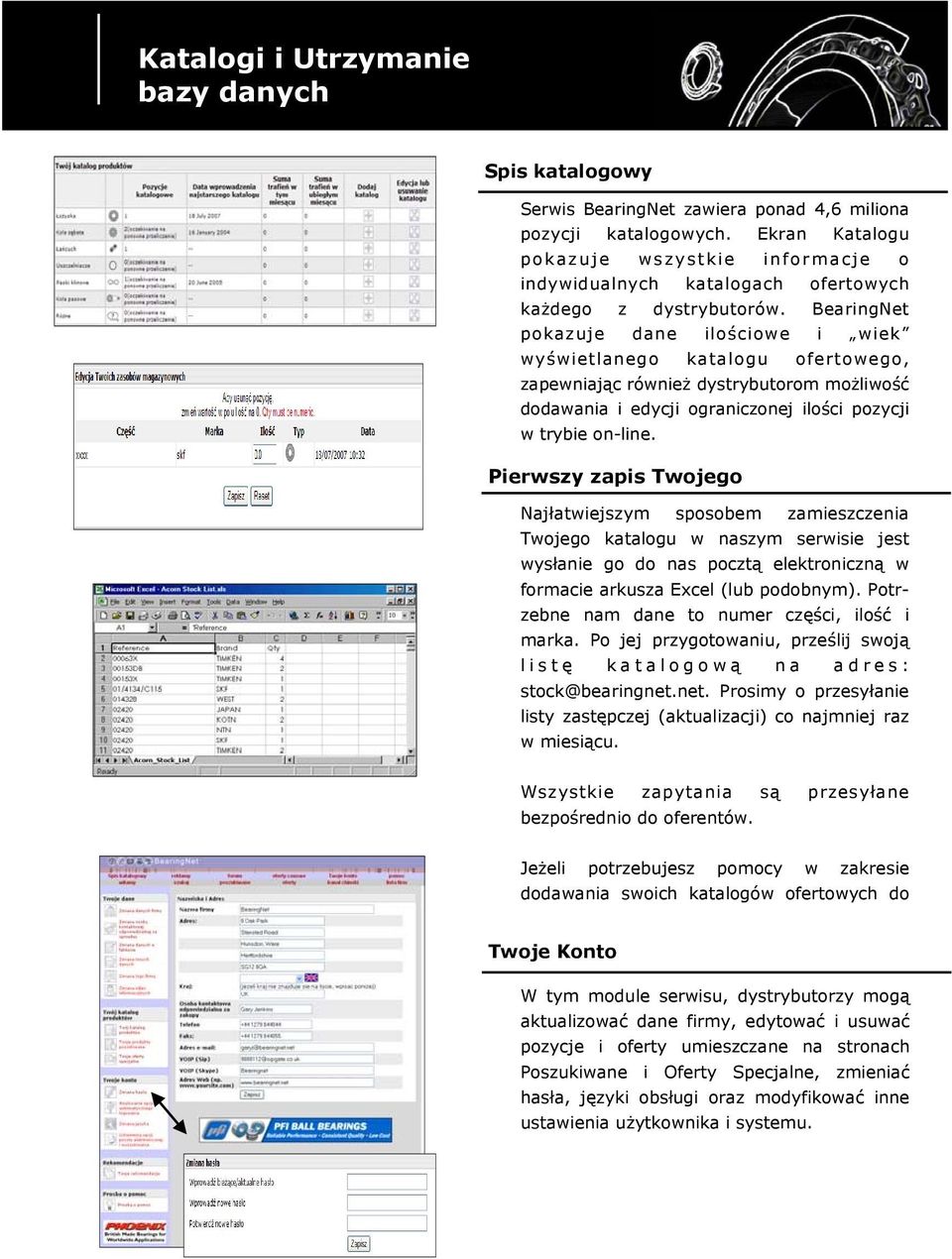 BearingNet pokazuje dane ilościowe i wiek wyświetlanego katalogu ofertowego, zapewniając również dystrybutorom możliwość dodawania i edycji ograniczonej ilości pozycji w trybie on-line.