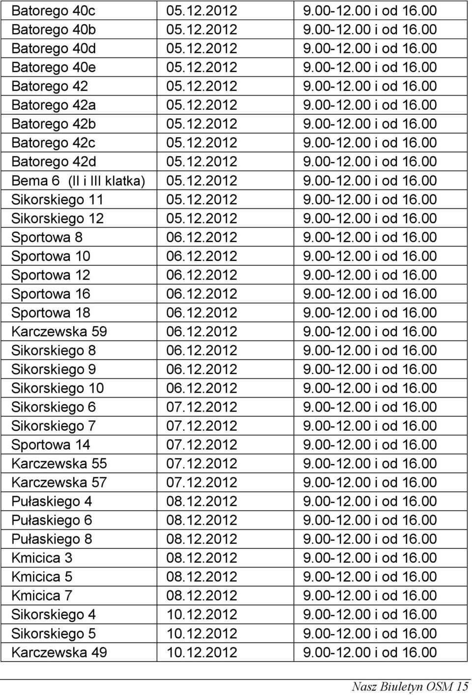 12.2012 9.00-12.00 i od 16.00 Sikorskiego 11 05.12.2012 9.00-12.00 i od 16.00 Sikorskiego 12 05.12.2012 9.00-12.00 i od 16.00 Sportowa 8 06.12.2012 9.00-12.00 i od 16.00 Sportowa 10 06.12.2012 9.00-12.00 i od 16.00 Sportowa 12 06.