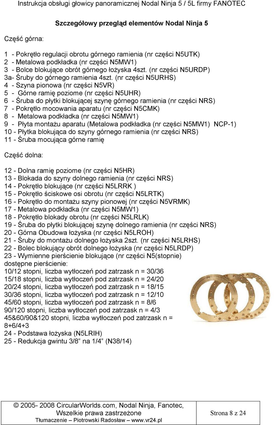 (nr części N5URHS) 4 - Szyna pionowa (nr części N5VR) 5 - Górne ramię poziome (nr części N5UHR) 6 - Śruba do płytki blokującej szynę górnego ramienia (nr części NRS) 7 - Pokrętło mocowania aparatu