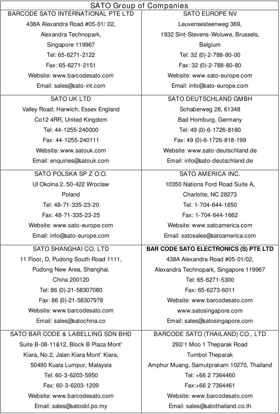 com Email: info@sato-europe.com SATO UK LTD Valley Road, Harwich, Essex England Co12 4RR, United Kingdom Tel: 44-1255-240000 Fax: 44-1255-240111 Website: www.satouk.com Email: enquiries@satouk.