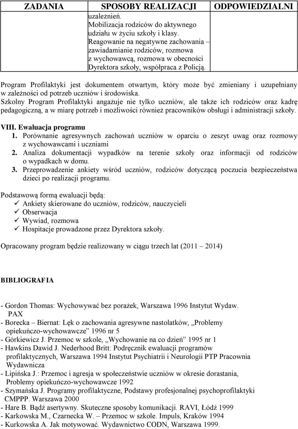 Program Profilaktyki jest dokumentem otwartym, który może być zmieniany i uzupełniany w zależności od potrzeb uczniów i środowiska.