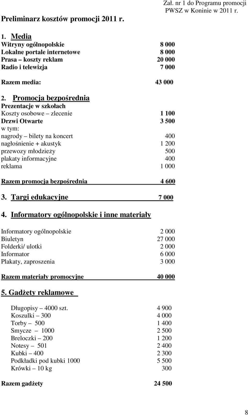 informacyjne 400 reklama 1 000 Razem promocja bezpośrednia 4 600 3. Targi edukacyjne 7 000 4.