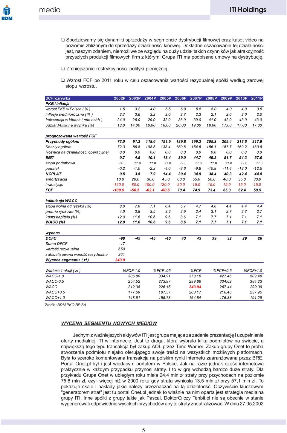 umowy na dystrybucjê. Zmniejszanie restrykcyjnoœci polityki pieniê nej. Wzrost FCF po 2011 roku w celu oszacowania wartoœci rezydualnej spó³ki wed³ug zerowej stopu wzrostu.