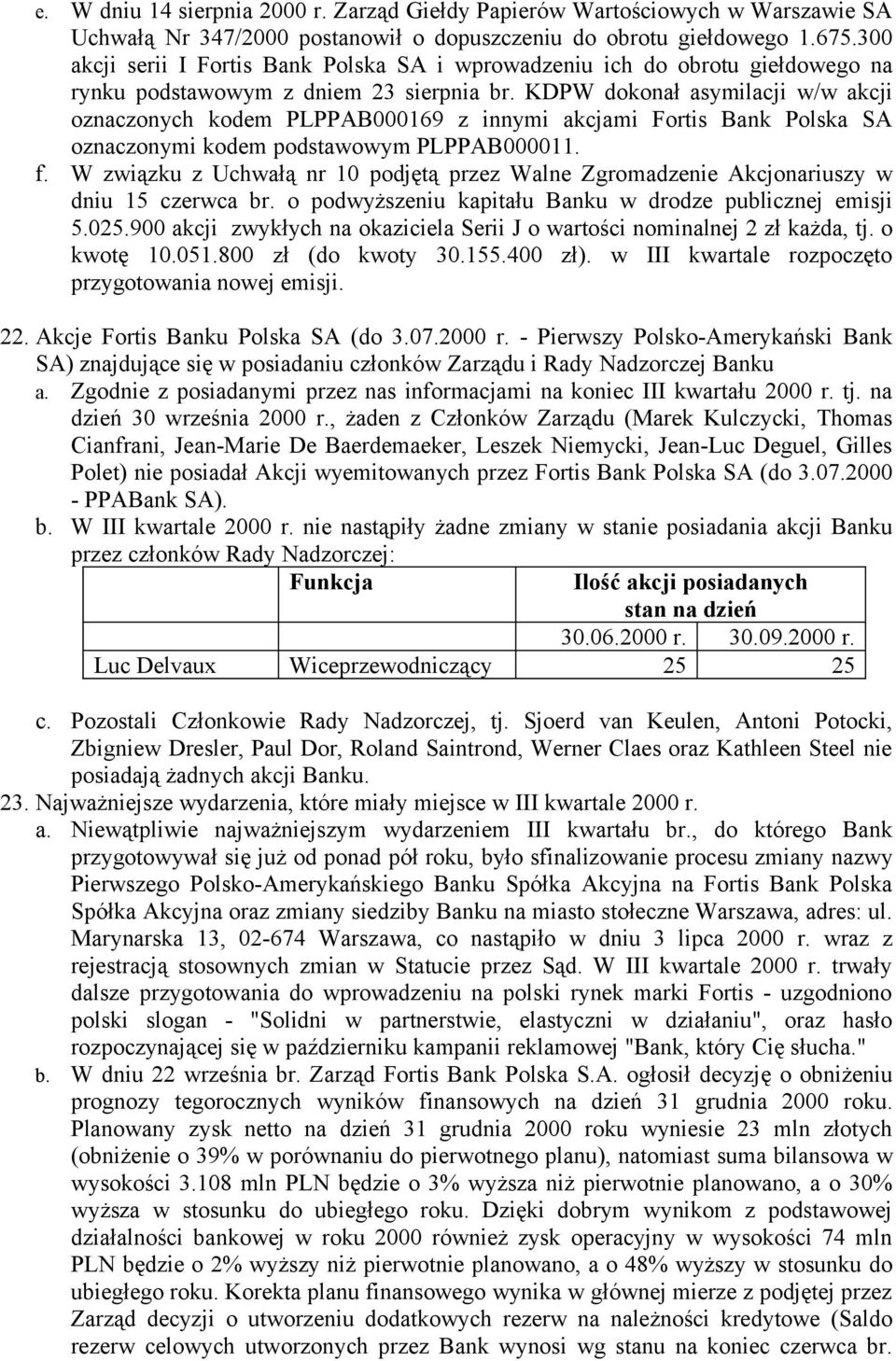 KDPW dokonał asymilacji w/w akcji oznaczonych kodem PLPPAB000169 z innymi akcjami Fortis Bank Polska SA oznaczonymi kodem podstawowym PLPPAB000011. f.