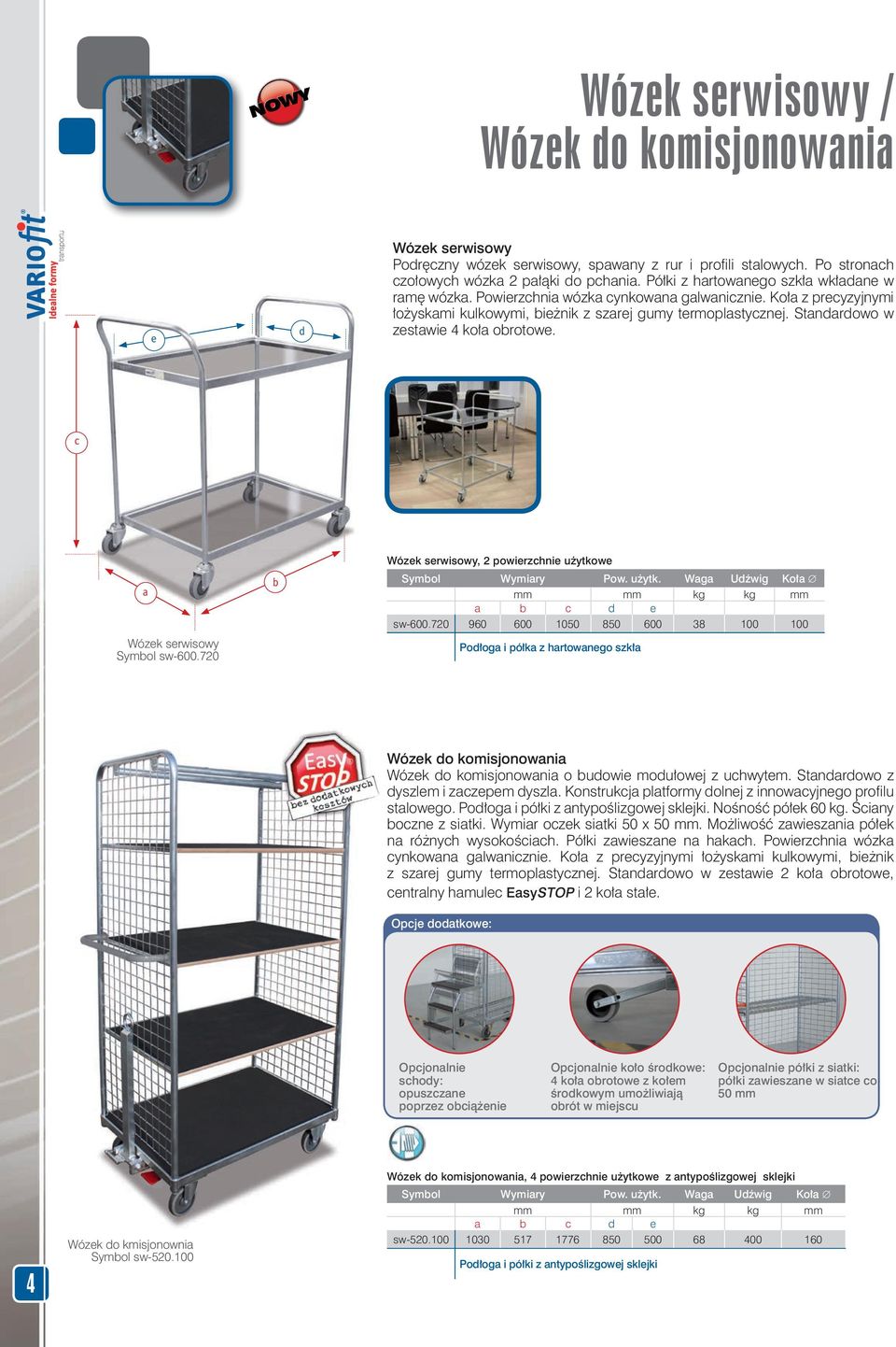 c Wózek serwisowy Symbol sw-600.720 b Wózek serwisowy, 2 powierzchnie użytkowe Symbol Wymiry Pow. użytk. Wg Udźwig Koł d e sw-600.