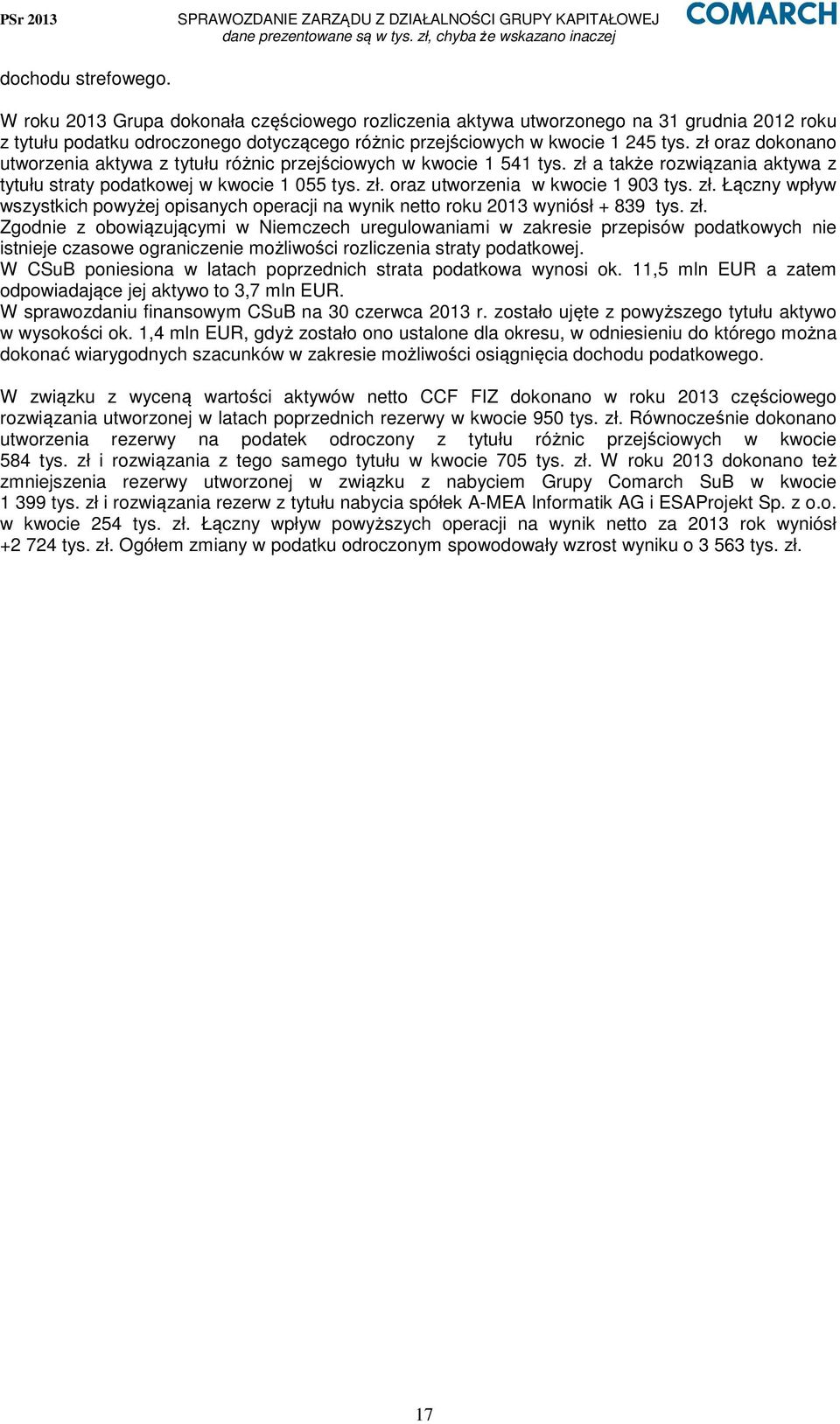 zł. Łączny wpływ wszystkich powyżej opisanych operacji na wynik netto roku 2013 wyniósł + 839 tys. zł.