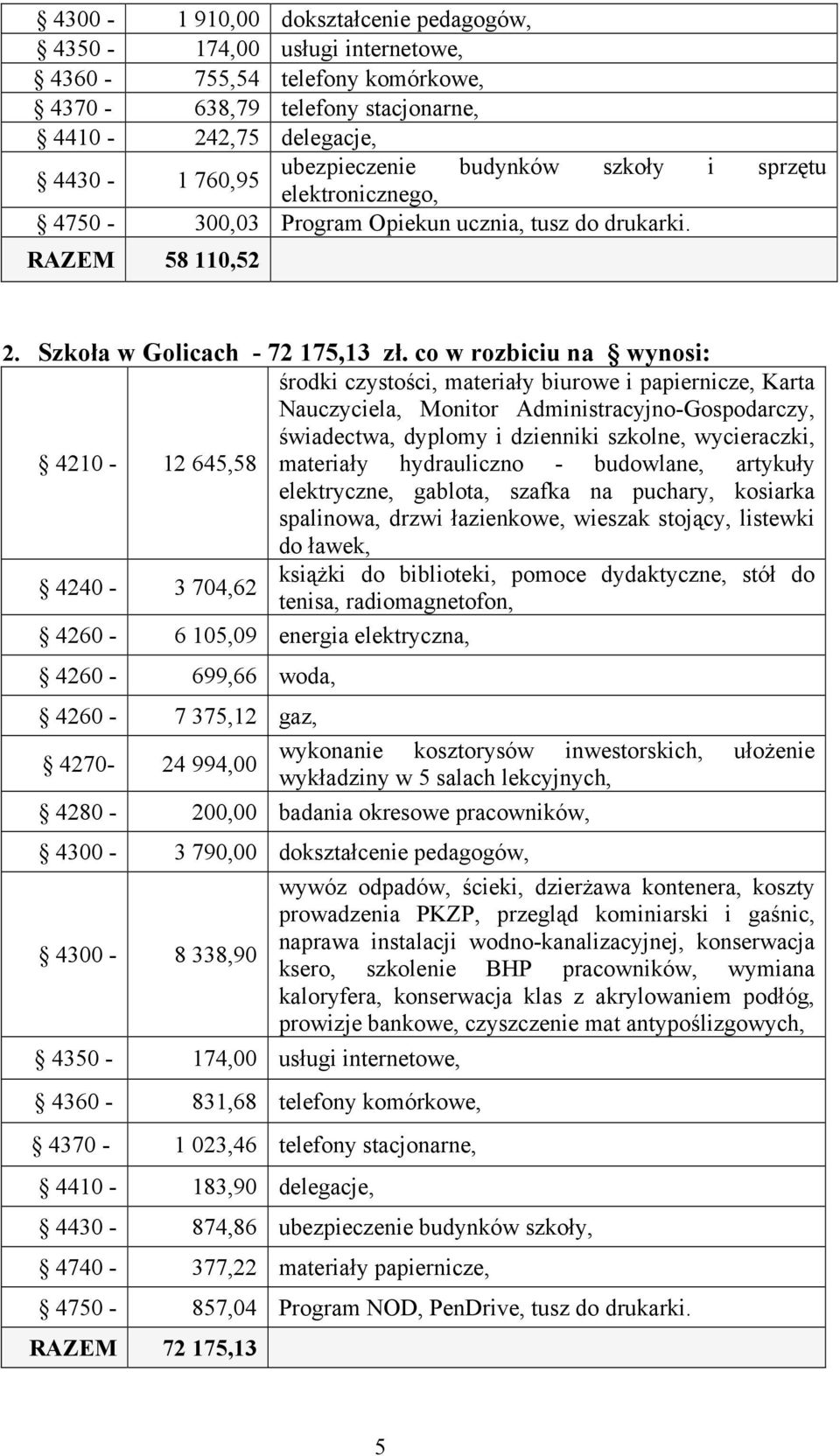 co w rozbiciu na wynosi: środki czystości, materiały biurowe i papiernicze, Karta Nauczyciela, Monitor Administracyjno-Gospodarczy, świadectwa, dyplomy i dzienniki szkolne, wycieraczki, 4210-12