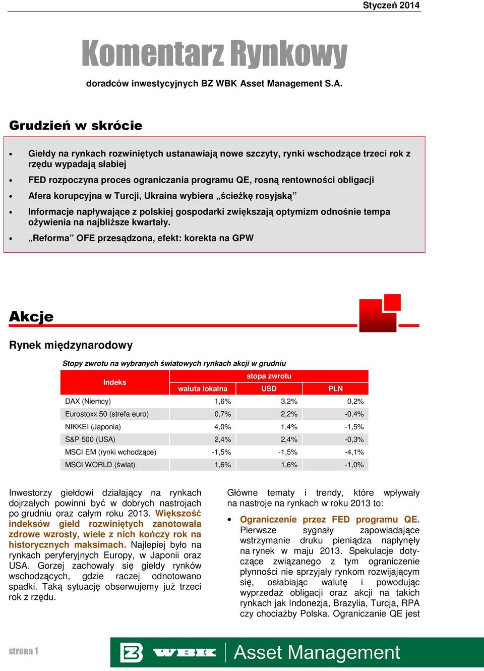 Grudzień w skrócie Giełdy na rynkach rozwiniętych ustanawiają nowe szczyty, rynki wschodzące trzeci rok z rzędu wypadają słabiej FED rozpoczyna proces ograniczania programu QE, rosną rentowności