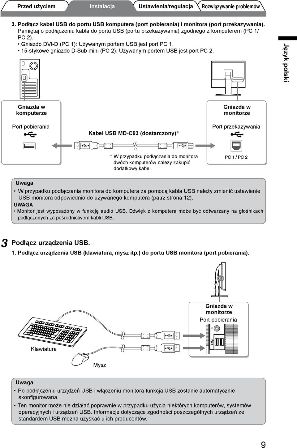 Gniazda w komputerze Port pobierania Kabel USB MD-C93 (dostarczony)* Gniazda w monitorze Port przekazywania * W przypadku podłączania do monitora dwóch komputerów należy zakupić dodatkowy kabel.